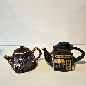 Collectible Village Shop Teapot Set in Brown and Multicolor